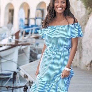 Tommy Bahama Palm Party Striped Off the Shoulders Ruffle Midi Dress TB2
